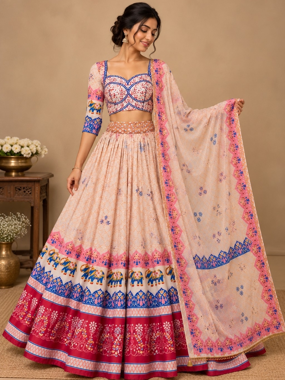 Peach Printed A-Line Lehenga Skirt with Pink & Blue Border